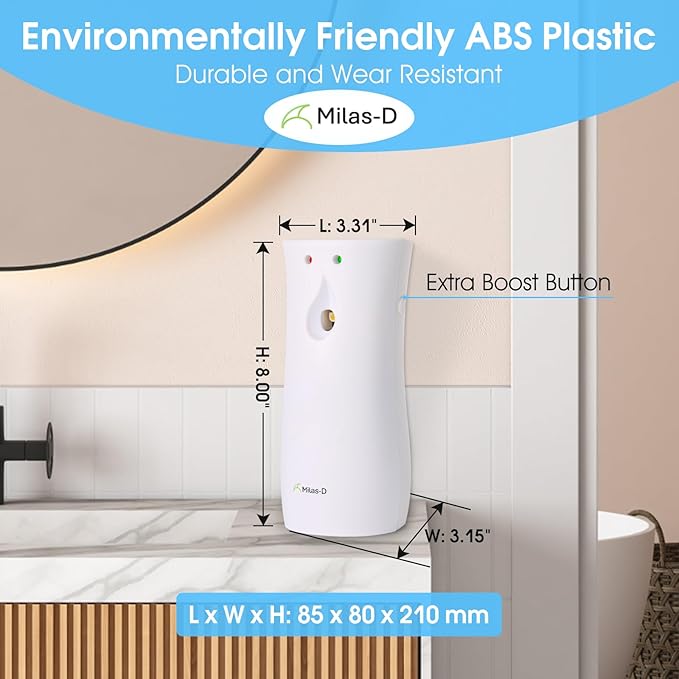 Automatic Air Freshener Spray Dispenser (2-Pack), Custom Timing (Day/Night/24H, 7.5/15 min), Wall Mounted or Free Standing, for Home and Commercial, Compatible with Glade Refill Can, White, Milas-D