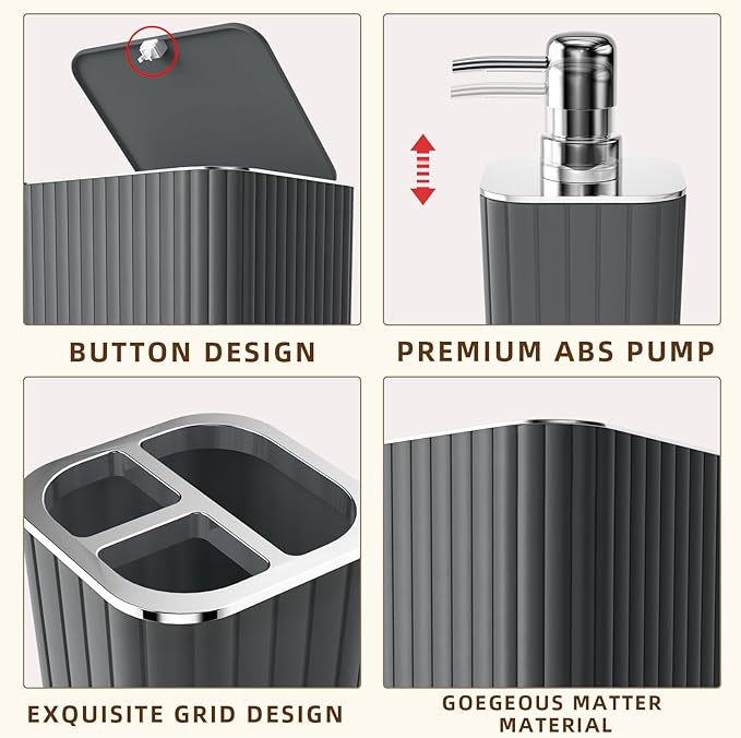 XLHOMO 26PC Bathroom Accessories Set - Gorgeous Grey Bathroom Set, Bathroom Accessory Set, Shower Curtain Set with Bathtub Mats for Shower Tub, Trash Can & Soap Dispenser