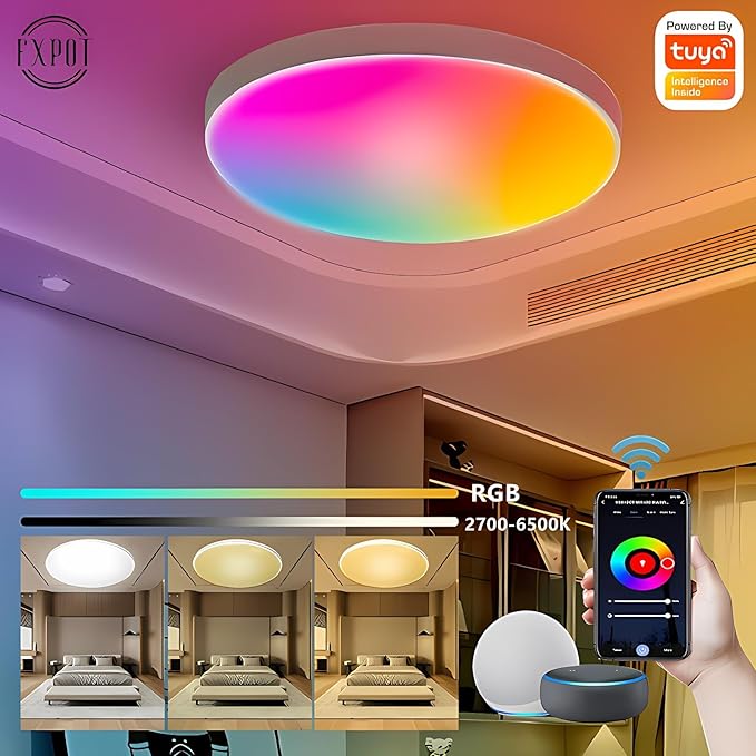 Smart Wifi Ceiling Light, RGB+CCT LED Ceiling Light Fixture, Compatible with Alexa Google Home,16 Million Multi-Color 3000-6500K,for Bedroom, Living Room. (Black, 1 PCS)