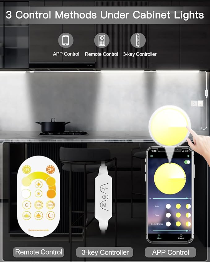 Daymeet 12 Inch Ultra Thin Dimmable Under Cabinet Lights Plug in, Under Cabinet Lighting, Multi-Color Super Bright LED Under Counter Lights Indoor Night Lights Bar for Kitchen, Shelf, Closet (2 Pack)