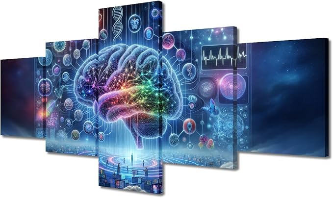5 Panel Digital of Human Brain in Colour Background Canvas Wall Art Framed Digital Brain Painting Futuristic Technology Pictures for Living Room Posters and Prints Framed Ready to Hang 50" Wx24 H