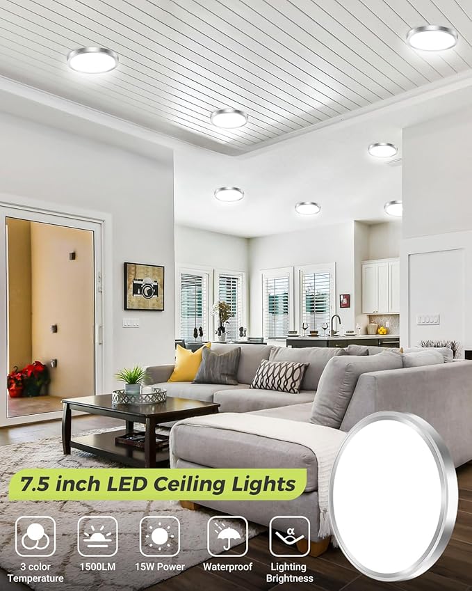 6PACK LED Flush Mount Ceiling Light, 3CCT Selectable 3000K-4000K-6500K & 100W Equivalent Modern Kitchen Recessed Ceiling Lamp 15W 1500Lm 7.5 Inch for Bathroom Closet Laundry Bedroom