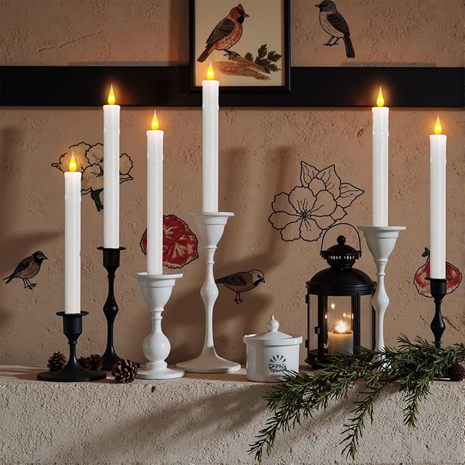 Flameless White Taper Candles with Remote Control, Battery-Operated LED Warm Light 3D Wick Lamp Window Decor Candles, 6-Pack, Christmas Home Decor, Wedding Decorations.