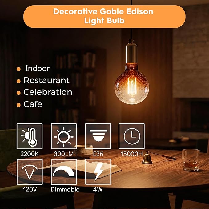 Vintage Edison LED Bulbs, Dimmable 4W Globe G125, 2200K Warm White Ambient Mood Lighting for Decoration, Squirrel Cage Filament, Gradient Brown Diamond Figure Glass LED Light Bulbs, E26 Base