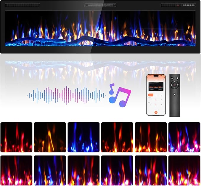 68" Smart WiFi Electric Fireplace with Sound Crackling Narrow Bezel Recessed and Wall Mounted Fireplace Heater with App, Remote Control, Log Flame Option, 750/1500W