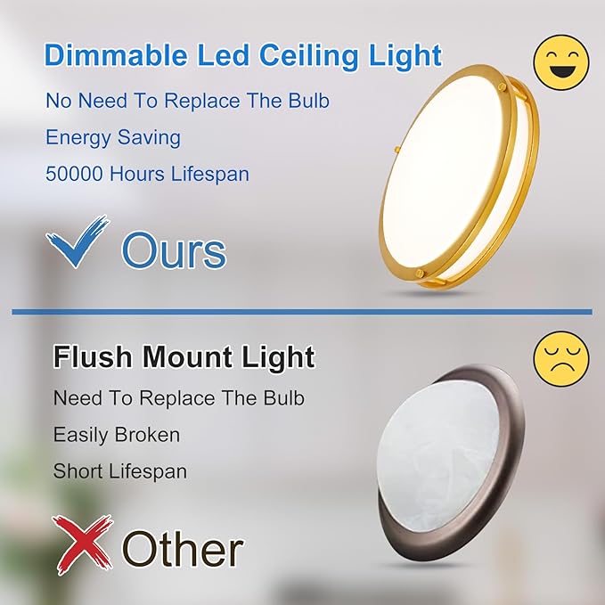 DLLT Flush Mount LED Ceiling Light: 13 Inch 2Pack 5CCT (3000K-6000K) & Dimmable Ceiling Light Fixtures for Bedroom Hallway - 24W Modern Gold Super Bright Kitchen Lighting Fixtures Ceiling
