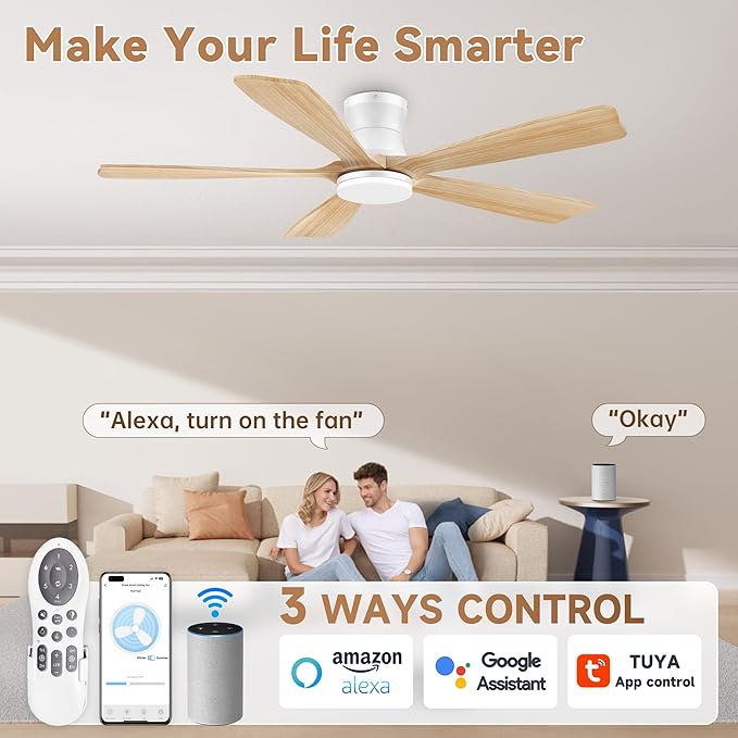 GentleBreeze 52In Wood Smart Low Profile Ceiling Fans with Lights Remote,Control via WIFI Alexa Google App,6 Speed,Quiet DC Motor,Flush Mount Outdoor Indoor Ceiling Fan for Modern Bedroom Patio Porch