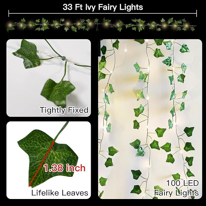 4 Pack Vines with Fairy Lights 40ft 120 LED Ivy String Lights USB Plugin & Battery Operated Leaf Lights with Timer 8 Modes Remote Decorative Light for Bedroom Wedding Party - Warm White