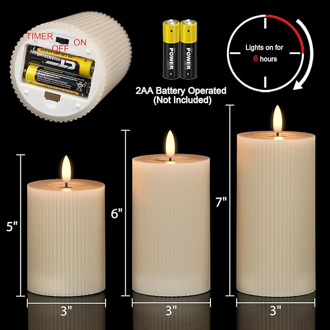 DRomance Battery Operated Flameless Candles with 6 Hour Timer 3 Pack Real Wax Vertical Stripe 3D Wick Flickering LED Pillar Candles Dinner Wedding Christmas Holiday Decor(Beige, 3" D x 5", 6", 7" H)