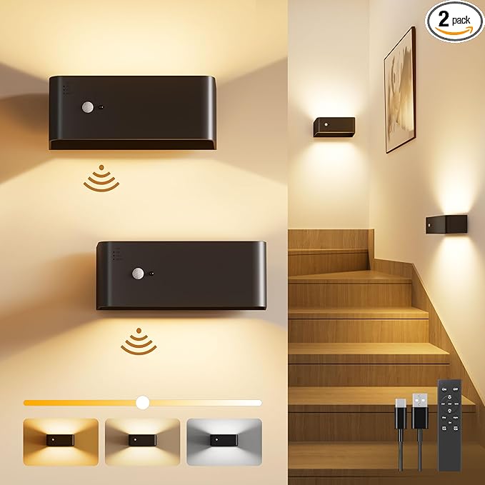 Motion Sensor Wall Sconce Indoor with Remote Control Wall Light LED Wall Sconces Set of Two Rechargeable 8000mAh Battery Operateded Wall Lamps Brightness Adjustable for Stair Closet Bedroom Hallway