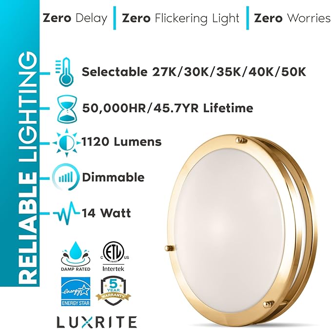 LUXRITE 12 Inch LED Flush Mount Ceiling Light, 5 Color Selectable 2700K | 3000K | 3500K | 4000K | 5000K, Dimmable Ceiling Light Fixture, 14W, 1120 Lumens, Energy Star, ETL Listed, Brushed Brass