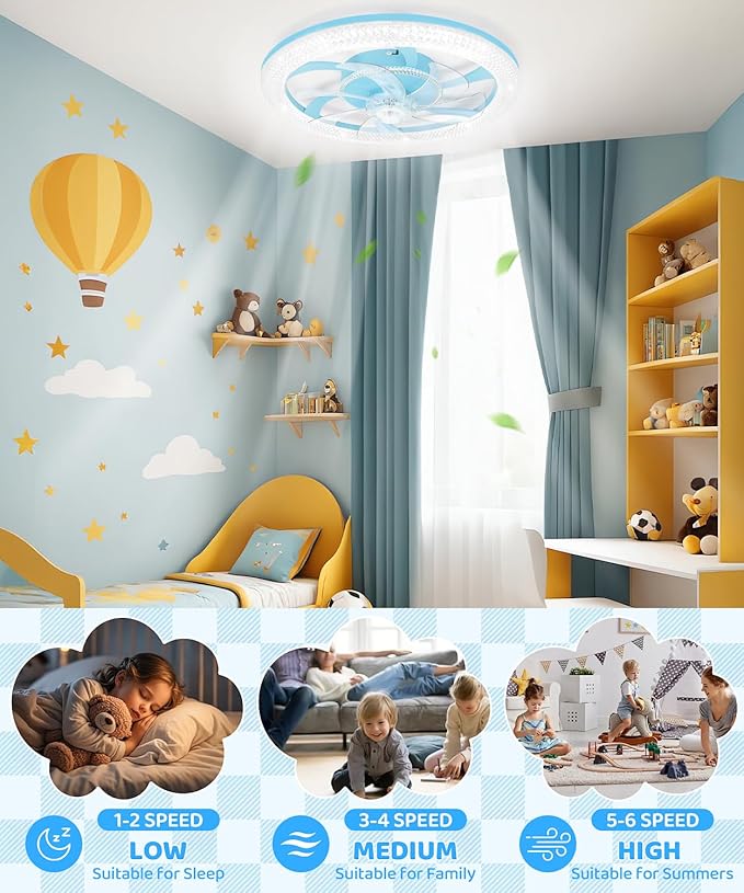 2 in 1 Wifi RGB-LED 20” Ceiling Fans with Lights and Remote, 3000-6500K Dimmable Flush Mount Smart Low Profile Ceiling Fan with Lights, Bluetooth Bladeless Fans with APP, for Bedroom, Blue