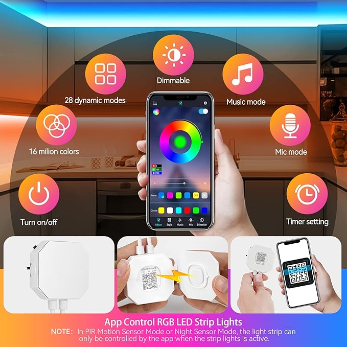 Motion Activated LED Strip Under Bed Lights, 9.8Ft RGB LED Strip Lights with Motion Sensor, Remote, App Control, Music Sync Motion Sensor LED Light Strip USB Powered for Bedroom Cabinet TV PC