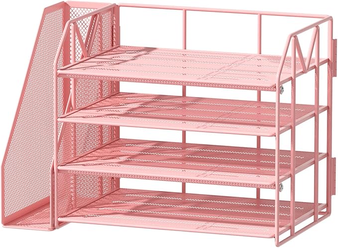 Pink Desk Organizers and Accessories with File Holder – Aesthetic Desk Accessories for Teen Girls – Decorative Office Desk Set with Magazine Rack – Room Desk Accessories for Women Office Setup