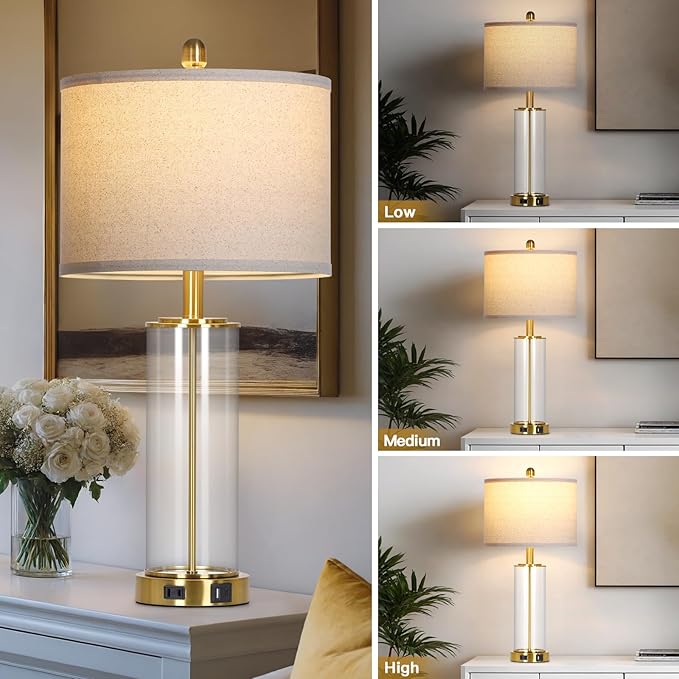 26" Glass Table Lamp Single, 3-Way Dimmable Touch Control Living Room Lamp with USB C+A Ports & AC Outlet, Modern Bedside Lamps, Bedroom Lamps for Nightstand Side End Table Desk, Gold-1PK