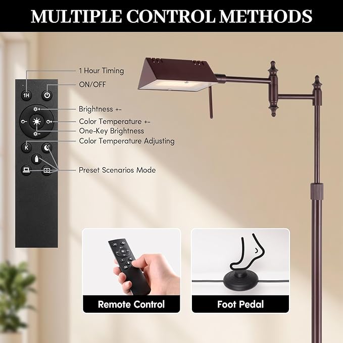Dimmable Pharmacy Floor Lamp with Remote, 17W LED Reading Floor Lamp with 360°Swing Arm, 3 Color Temperature, Height Adjustable Standing Task Lamp for Living Room, Bedroom, Office, Oil-Rubbed Bronze