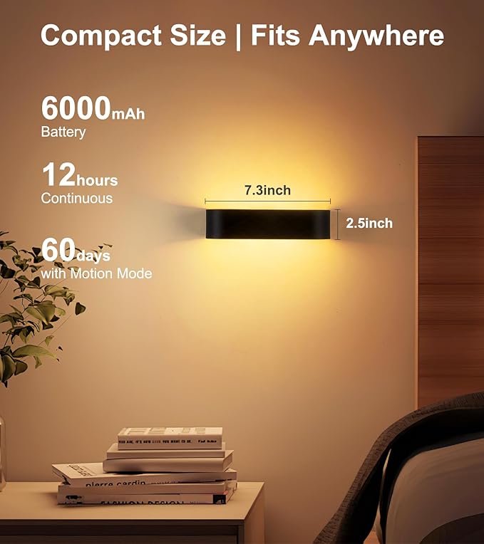 2Pcs Motion Sensor Wall Light with Remote Control, LED Indoor Up and Down Wall Sconce, 6000mAh Rechargeable Battery Powered Wall Lamps, 3 Colors Wireless Wall Lamp, Brightness Adjustable