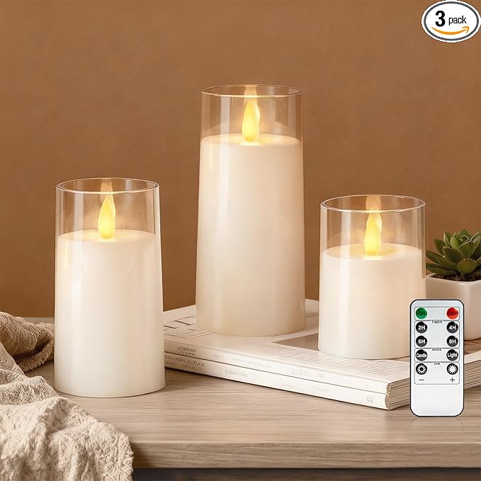 Raycare Flameless Electronic Pillar Candles with Remote Control and Timer- Battery Operated Realistic Flickering LED Fake Candle for Home, Wedding, Valentine's Day Decor, White,Set of 3(3"x4"5" 6")