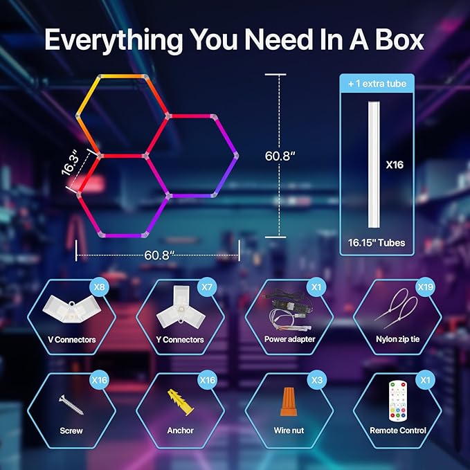 HYPERLITE Hexagon Garage Lights: 3 Grid RGB Hexagon LED Lights with Music Sync Mode, App & Remote Control, Multi-Color Honeycomb Light for Gaming Room, Gym, Garage