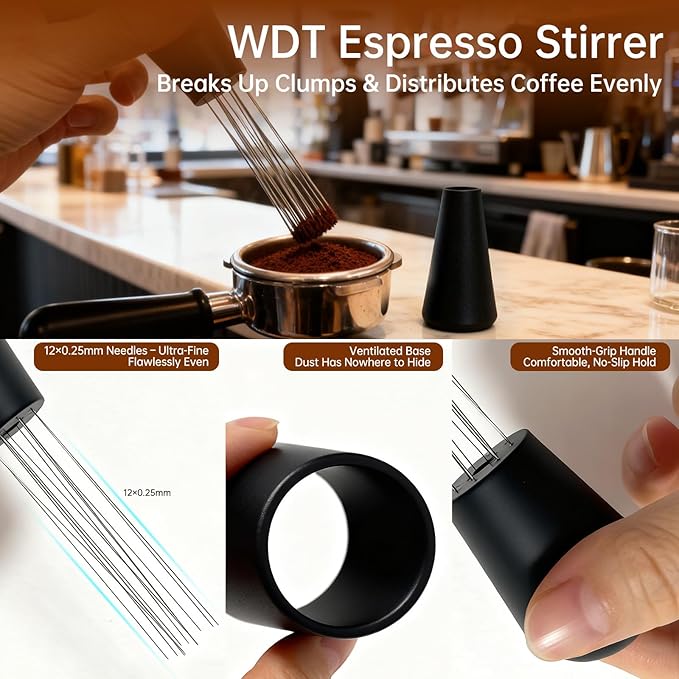 9 Pcs Espresso Accessories Kit, 58mm Espresso Tamper Tools, with Wooden Espresso Tamping Station, Distributor, Stirrer, Dosing Funnel,Puck Screen, Brush, Latte Art Pen and Decorative Stencils