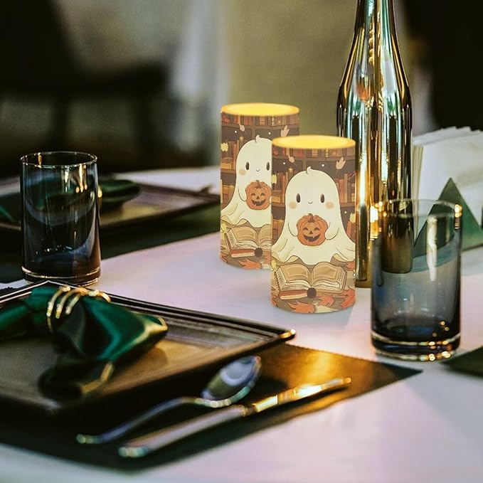 Ghost Pumpkin Battery Candles with Remote Control Flameless Flickering LED Candles for Autumn Thanksgiving Fall Decor Harvest Halloween Party Dining Room Table Centerpiece