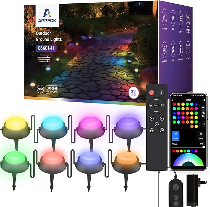APPECK Smart Outdoor Ground Lights 32 Pack, 100FT RGBW Color Changing Pathway Lights Wired, 2200K Warm White Landscape Lighting, for Garden Yard Lawn Path Holiday Party Decor, with App/Voice Control