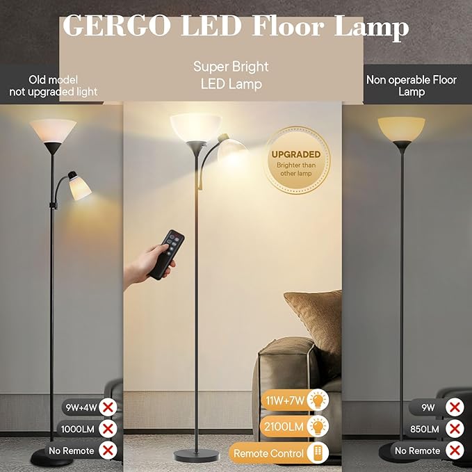 GERGO Led Floor Lamp, Super Bright 11W+7W 2100LM Torchiere Floor Lamps for Living Room, Stepless Adjustable 4 Color Temperatures 3000K-6000K with Remote Control for Bedroom (Matte Black)
