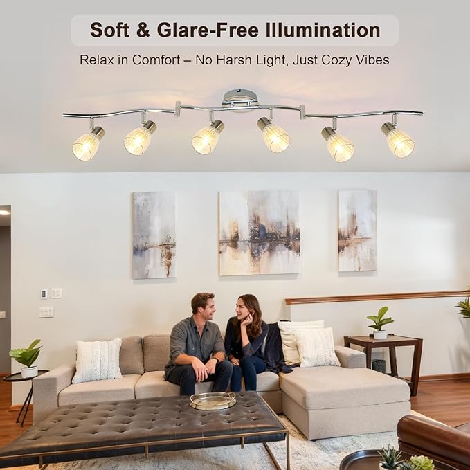 HiBay 6-Light Track Lighting, Flexible Ceiling Light Fixture w/Glass Shades, Modern Chrome Track Spot Lights Indoor for Kitchen, Living Room, Bedroom, E12 Base, No Bulbs