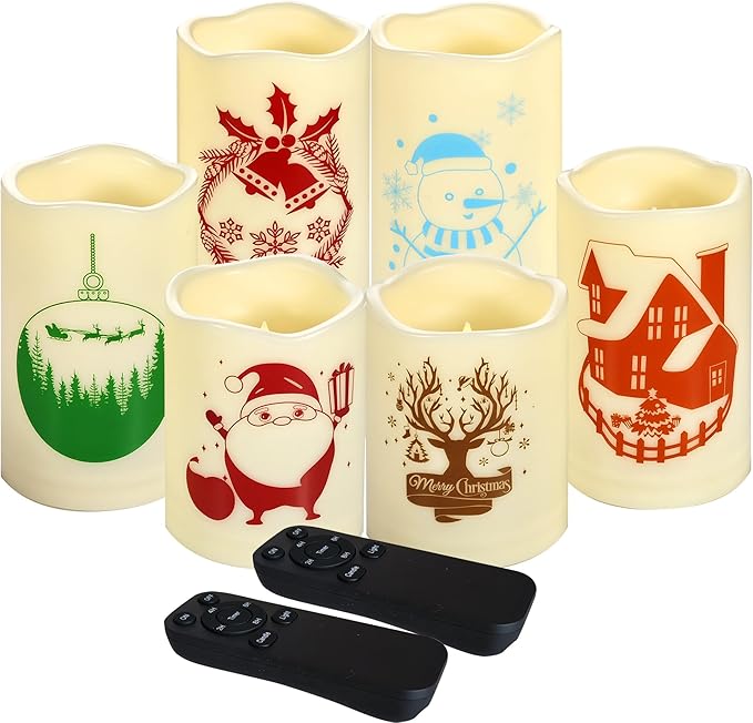 CANDLE CHOICE Waterproof Outdoor Christmas Battery Operated Flameless Candles with Remote Auto Timer Realistic Flickering Electric LED Pillar Lights with Christmas Decals for Xmas Decorations 6 Pack