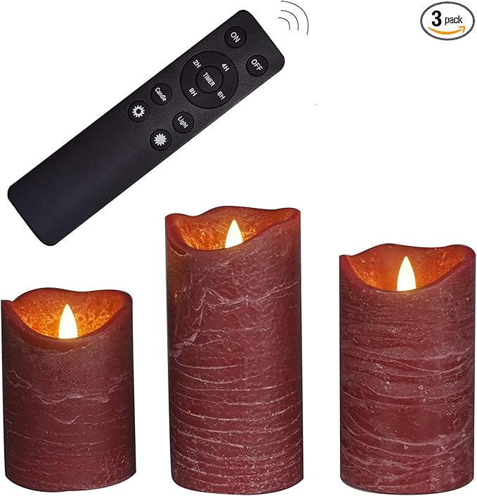 CANDLE CHOICE Battery Operated Flameless Candles with Remote Timer Real Wax Realistic Flickering Electric LED Pillar Lights for Home Wedding Party Christmas Decorations 3 Pack Rustic Texture Burgundy