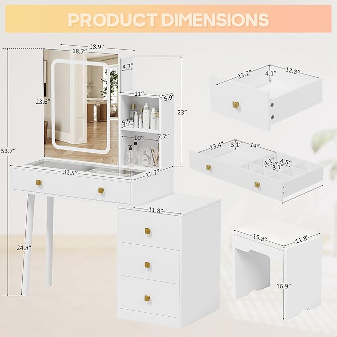 NUNU LAB Makeup Vanity Desk with Mirror and Lights Set, White Vanity Table with Glass Top and 3 Lighting Modes, Vanitys Desk with Stool, 5 Drawers for Bedroom Girls