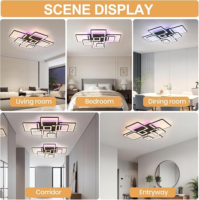 Stunning Layered Square Geometric Modern LED Ceiling Light - 100W Super Bright Black Flush Mount Chandelier, Dimmable RGB, Remote Control Included for Living Room Bedroom Dining Room