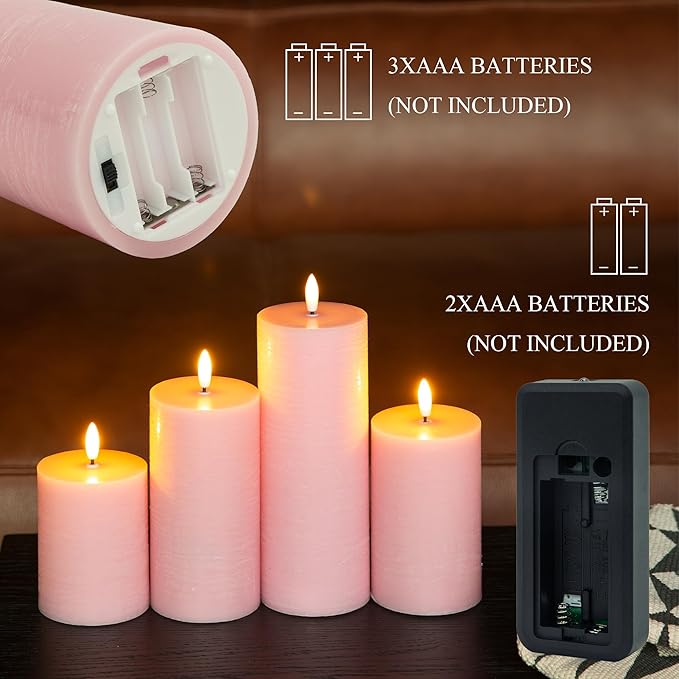 Flameless Candles, 4 Pack Battery Operated Candles with Remote, Real Wax LED Fake Candles with Timer Flickering for Christmas Wedding Home Party D3 H 5" 6" 7" 9" Pink