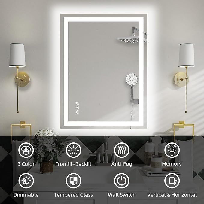 36"x 36" LED Bathroom Mirror with Lights, Double Lighting Sources Dimmable, LED Mirror for Bathroom, Anti-Fog, Lighted Bathroom Vanity Mirror for Wall, ETL Listed, Tempered Glass(Horizontal/Vertical)