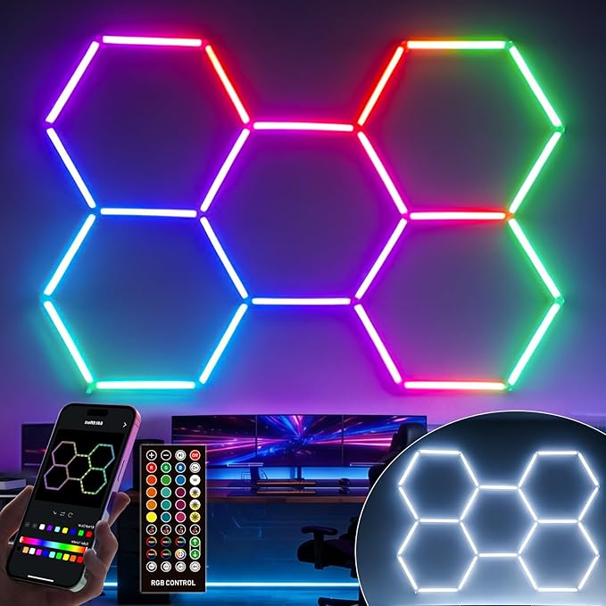 RGB Hexagon led Garage Lights, 5Hexagon Light with Music sync, Dimmer, Smart App/Remote Control, Timer, DIY Color Changing Hex Wall Lights, Honeycomb Light for Gaming Room, Gym, Garage