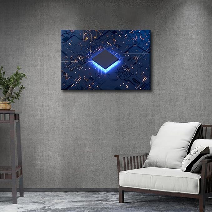 TUMOVO CPU Concept Wall Paintings for Living Room Technology Digital Art Pictures Print On Canvas Circuit Board Wall Art Bedroom Wall Decoration Office Wall Art Framed Ready to Hang - 24x16in