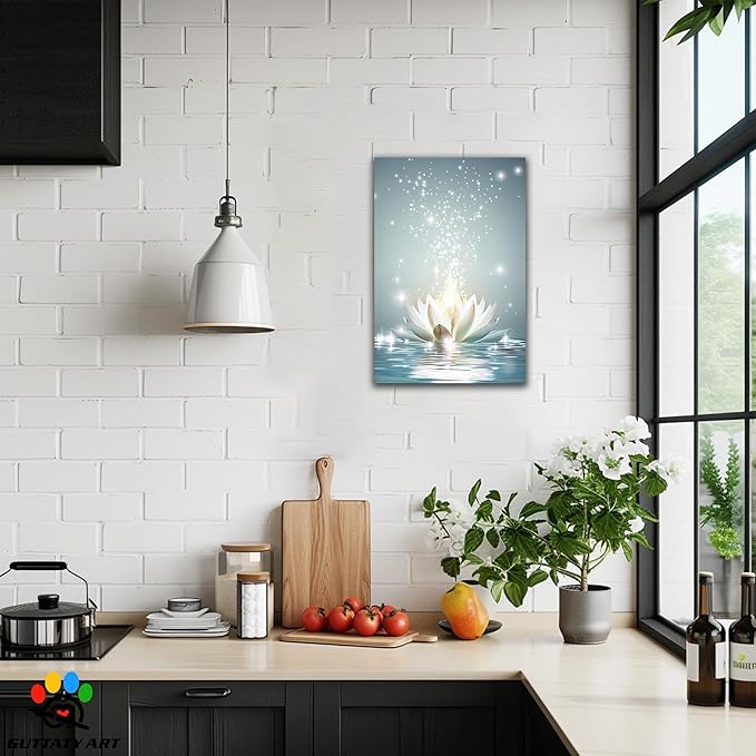 Zen White Lotus Flower Canvas Wall Art, Lotus Flower Pictures Bathroom Zen Print, Spiritual Water Lily Canvas Prints, Lotus Bloom on Water Poster, Zen Calm Relax Artwork for Yoga Spa Room 32x48 inch