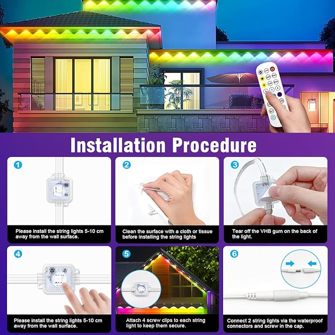 Permanent Outdoor Lights 50 FT Patio Lights,50ft RGB+IC Smart Outdoor Decor, 50 Scene Modes App/Remote Control, IP67 Waterproof for Christmas Holiday Party Decor for Garden House Roof Lighting
