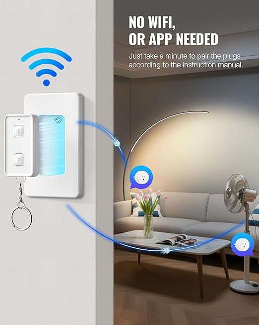 Remote Control Outlet, WILAWELS Wireless Light Switch, Expandable Remote Outlet Switch for Light, Lamps, Appliance, 100ft RF Range, FCC Listed (1 Controller + 2 Outlets) W14RC1206