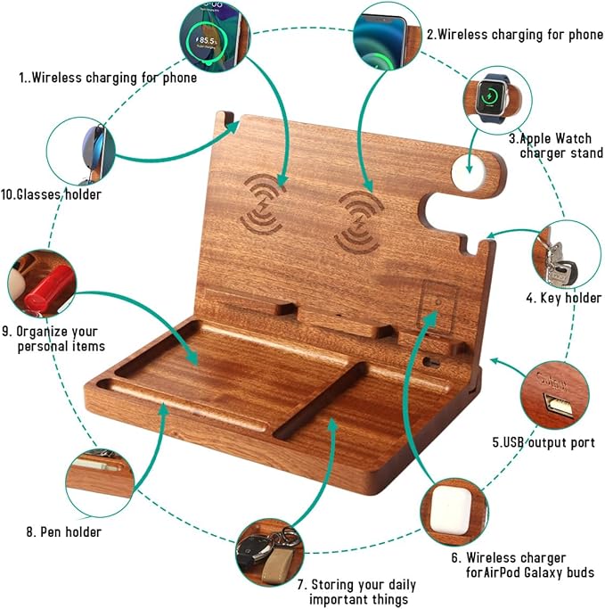 Nightstand Organizer with 4 Wireless Charger for 2 iPhone/Android Phone,Apple Watch,Airpod,Wood Phone Docking Station,27W Fast Wireless Charging Station,Wallet/Key Holder,Gifts for Dad/Men