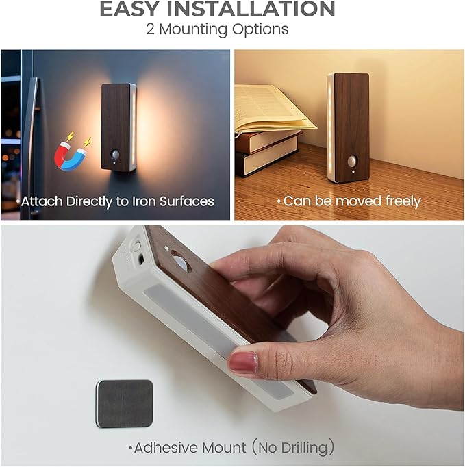 Wooden Motion Sensor Night Light, LED Backlit Nightlight, Rechargeable Light with Two-Sided Glow for Decor, Magnetic Stick-on, 3CCT Dimmable Lights for Hallway, Bedroom, Stairs, Black Walnut