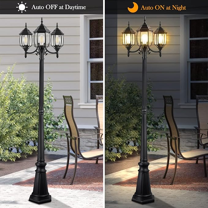 Dusk to Dawn Sensor Outdoor Lamp Post Light 3-Head, Classic Black Light Pole with Clear Glass Panels (3 LED Bulbs Included, Max.100W), Waterproof Outside Street Light for Backyard, Garden, Driveway