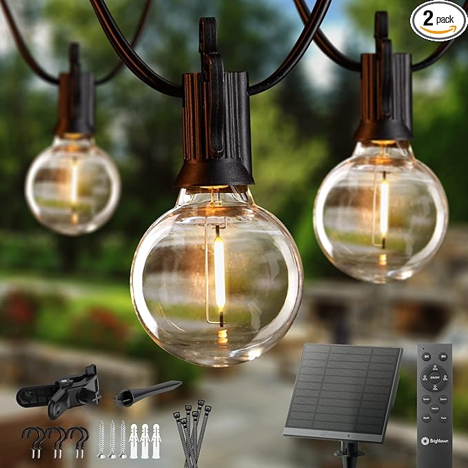 116FT Solar Lights Outdoor Waterproof with Remote, G40 Patio Lights with 50+2 LED Shatterproof Bulbs, 3 Lighting Modes, with Cable Ties, Hooks Hanging Lights for Backyard Party Decor, 2 Pack 58FT