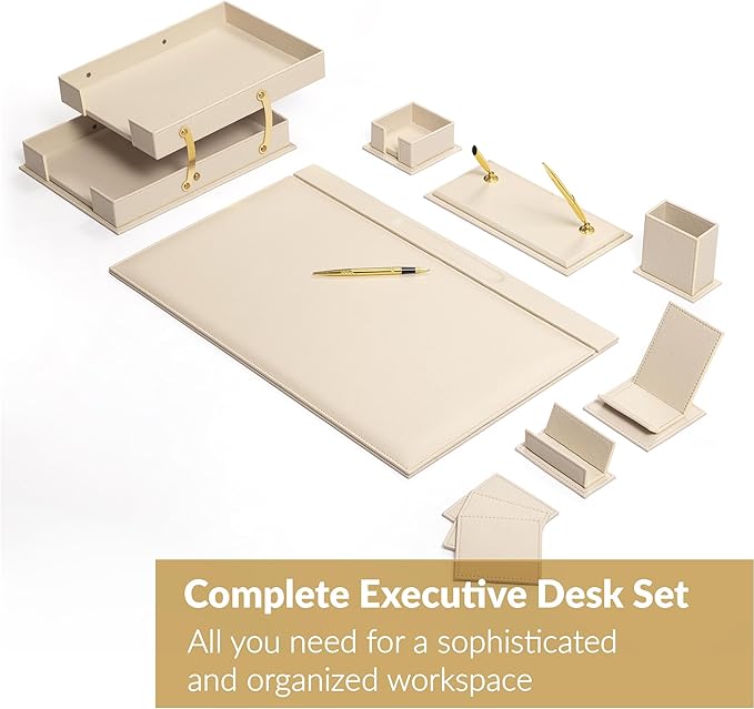 MOOGCO 12-Piece Leather Desk Set — Desk Pad 23.2" x 15.4", Double Document Tray, Pen Holder — Desk Organizer Set for Home Office & Executive Desk Accessories