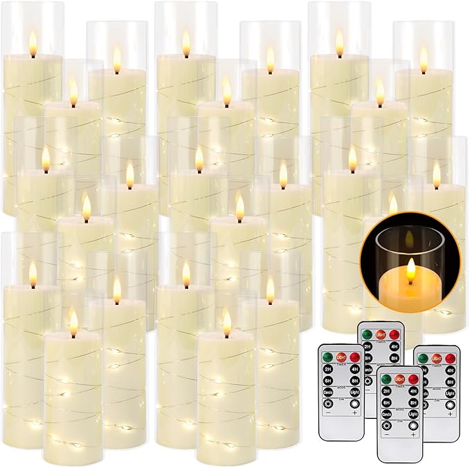 24 Pcs LED Flameless Candles with Remote, 3D Flickering Flame & LED String Lights, Acrylic Clear Cylinder, Timer Function, Romantic Ambience for Home Decor, Party, Wedding.