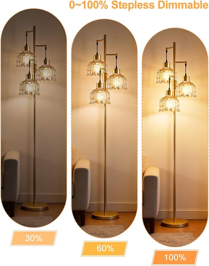 Gold Floor Lamps for Living Room, 3-Light Dimmable Floor Lamp with Brown Glass Shade& E12 Bulbs Included, 65'' Mid Century Tall Standing Lamp for Bedroom/Sofa Beside/Corner Decor