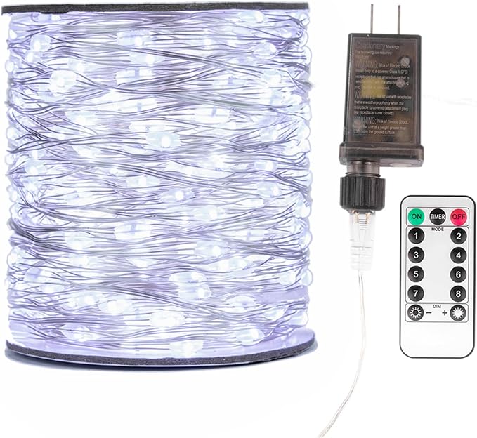 Fairy Lights Plug in,164FT 1000 LEDs Waterproof Led String Lights,8 Modes Remote Twinkle Light for Bedroom Window Weddings Christmas Holiday Decoration,Silver Wire,2 Inch Led Space,Cool White