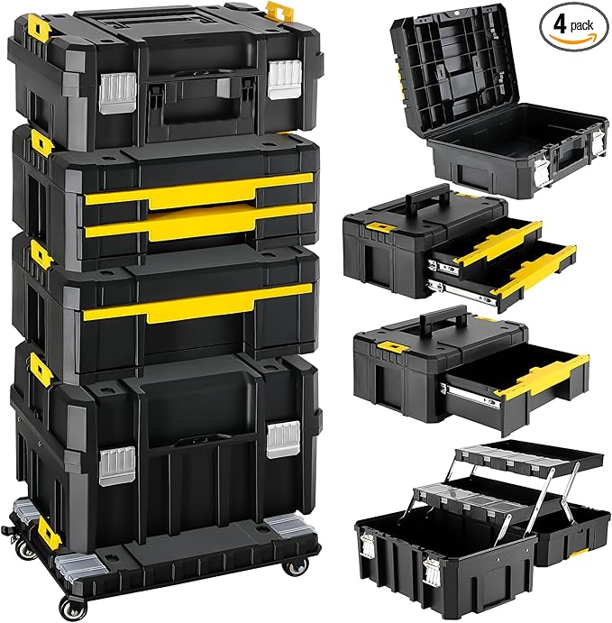 TLGREEN Rolling Tool Box with Wheels, Stackable Design – 4-in-1 Modular Tool Box Organizer, Portable Tool Box with Drawers for Garage Storage, Home Repairs & Workshop Use