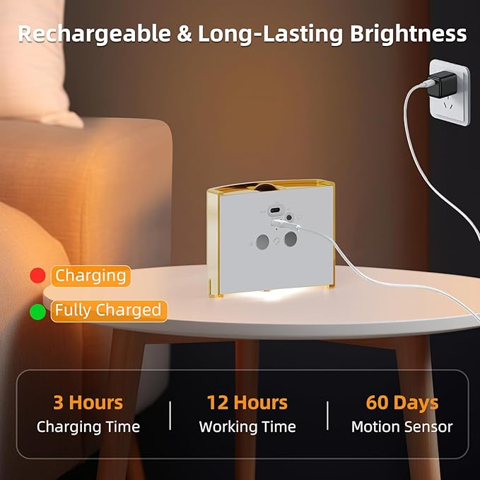 2 Pack Motion Sensor Wall Light, Rechargeable Wall Sconce with 3 Color Temperatures and Brightness Adjustable, Wireless Magnetic Mount for Bedroom, Stair, Hallway, Closet (Gold)