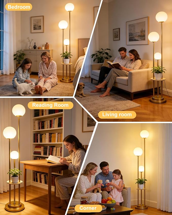 Lightdot Gold Floor Lamp 3-Lights Dimmable Floor Lamps with Tray 3000K Bulbs Included Unique Modern Tall Standing Lamp for Living Room/Bedroom/Sofa Beside/Corner Decor